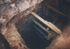
Danygraig leadmine, Risca, wooden scaffolding in water-filled shaft, 1986