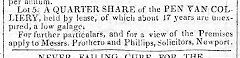 
Pen Fan Colliery auction notice, 3 December 1813