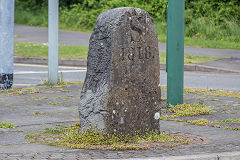 
'S 1818', Sirhowy Ironworks boundary stone in Tredegar bus station, June 2019