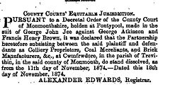 
Dissolution of a partnership of Jee, Atkinson and Brown at Cwmfrwdore, 11 November 1874