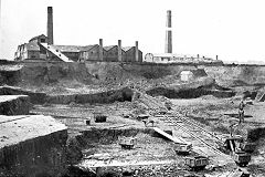 
St Julians brickworks, c1920, notice the man standing on the right to get the scale of the size of the wagons © Photo courtesy of 'Momouthshire Memories'