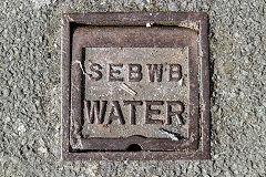 
'SEBWB Water' valve cover from South East Breconshire Water Board, Brynmawr, September 2019