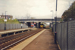 
Hawthorns Station with train and tram '13', Birmingham, April 2002