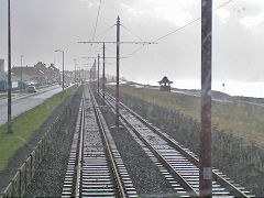 
Tramline on a wet day at  Bispham, Blackpool Tramways, October 2009