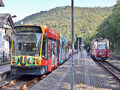 
Nordhausen hybrid tram '202' and HSB railcar '187 018', Ilfeld on the HSB, Germany, September 2024