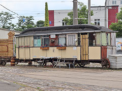 
Leipzig Museum tram '285' from 1907, ex sand car '5671' and garden shed, May 2024