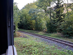 
The Selketal line curves away at Eisfelder Talmuhle, Harz Railway, September 2024