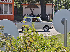 
Trabant at a level crossing beside the Weisseritztalbahn, September 2024