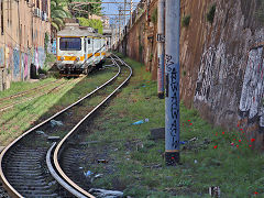 
Centocelle Railway '421' on the gauntletted track at the tram depot, Rome, May 2022