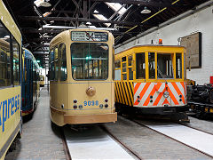 
Tram '9098' and works car '16' at Brussels Tram Museum, Belgium, June 2024