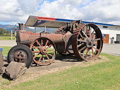 
An Aveling & Porter traction engine rusting away at a petrol station at Hikuai, February 2023